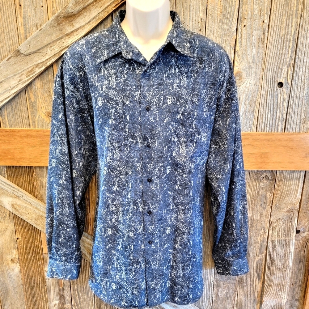 Daniel David Long Sleeve abstract Polyester Button Up splatter blue black XL